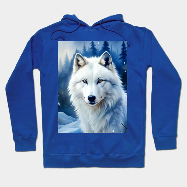 Funny White Wolf Hunting Ground, Winter Mountain Icy Moon, Forest, Galaxy Beautiful gifts Novelty Wild Animal Hunting Fashion Watercolor Hoodie by sofiartmedia